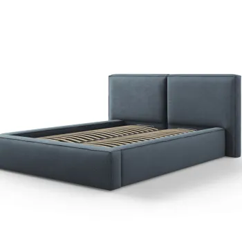 Pat tapitat cu tablie si lada depozitare, Jodie, Micadoni Home, BL, 140x200 cm, poliester, albastru imagine