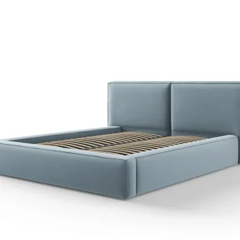 Pat tapitat cu tablie si lada depozitare, Jodie, Micadoni Home, BL, 160x200 cm, catifea, albastru deschis imagine