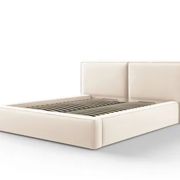 Pat tapitat cu tablie si lada depozitare, Jodie, Micadoni Home, BL, 160x200 cm, catifea, bej deschis imagine