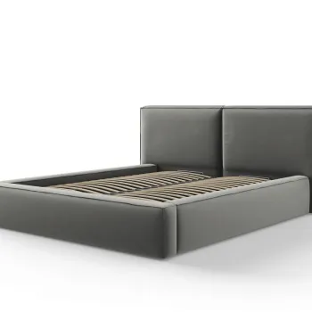 Pat tapitat cu tablie si lada depozitare, Jodie, Micadoni Home, BL, 160x200 cm, catifea, gri deschis imagine