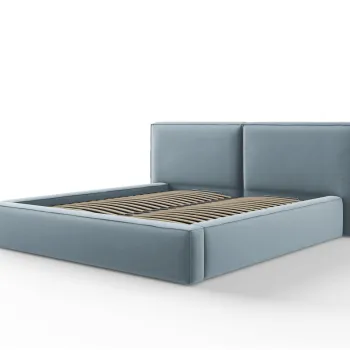 Pat tapitat cu tablie si lada depozitare, Jodie, Micadoni Home, BL, 180x200 cm, catifea, albastru deschis imagine