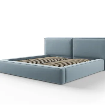 Pat tapitat cu tablie si lada depozitare, Jodie, Micadoni Home, BL, 200x200 cm, catifea, albastru deschis imagine