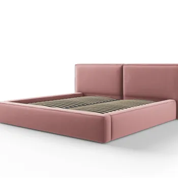 Pat tapitat cu tablie si lada depozitare, Jodie, Micadoni Home, BL, 200x200 cm, catifea, roz imagine