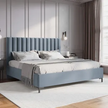 Pat tapitat cu tablie, somiera rabatabila si lada depozitare, Allison-51, Micadoni Home, 140x200 cm, catifea, albastru deschis imagine