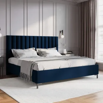 Pat tapitat cu tablie, somiera rabatabila si lada depozitare, Allison-51, Micadoni Home, 140x200 cm, catifea, albastru regal imagine