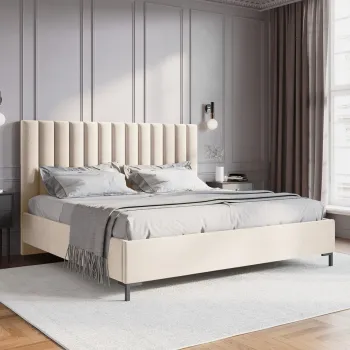 Pat tapitat cu tablie, somiera rabatabila si lada depozitare, Allison-51, Micadoni Home, 140x200 cm, catifea, bej deschis imagine