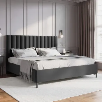 Pat tapitat cu tablie, somiera rabatabila si lada depozitare, Allison-51, Micadoni Home, 140x200 cm, catifea, gri imagine