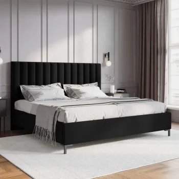 Pat tapitat cu tablie, somiera rabatabila si lada depozitare, Allison-51, Micadoni Home, 140x200 cm, catifea, negru imagine