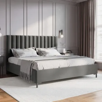 Pat tapitat cu tablie, somiera rabatabila si lada depozitare, Allison-51, Micadoni Home, 160x200 cm, catifea, gri deschis imagine