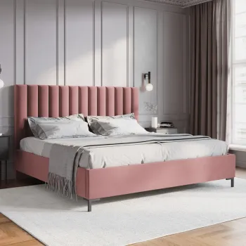 Pat tapitat cu tablie, somiera rabatabila si lada depozitare, Allison-51, Micadoni Home, 160x200 cm, catifea, roz imagine