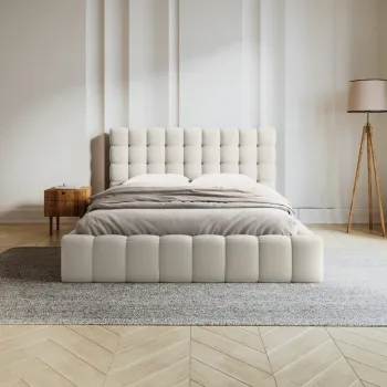 Pat tapitat cu tablie, somiera rabatabila si lada depozitare, Mamaia-170, Micadoni Home, 140x200 cm, tesatura structurata, bej deschis imagine