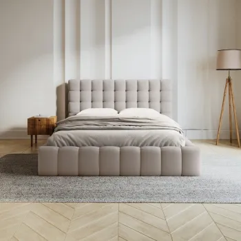 Pat tapitat cu tablie, somiera rabatabila si lada depozitare, Mamaia-170, Micadoni Home, 160x200 cm, tesatura structurata, bej imagine