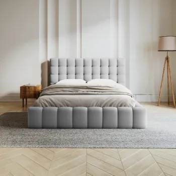 Pat tapitat cu tablie, somiera rabatabila si lada depozitare, Mamaia-170, Micadoni Home, 200x200 cm, tesatura structurata, gri deschis imagine