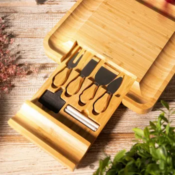 Platou pentru servire cu boluri si cutite Rumi, Homla, 33x33 cm, lemn/inox, bej/alb imagine