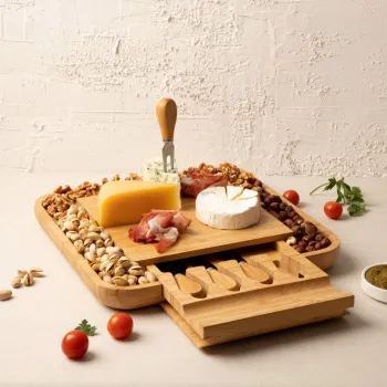 Platou servire cu 4 cutite Rumi, Homla, 32x32 cm, bambus/inox, natur imagine