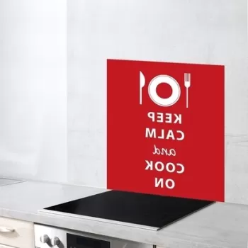 Protectie perete bucatarie, Wenko, Keep Calm, 60 x 70 cm, sticla termorezistenta, rosu/alb imagine