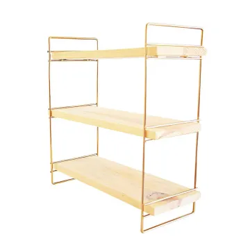 Raft de perete, Cerritos, Masa Ustu 3 Katli Organizer, Raft de service, 45x16x40 cm, Lemn masiv, Auriu/Maro imagine