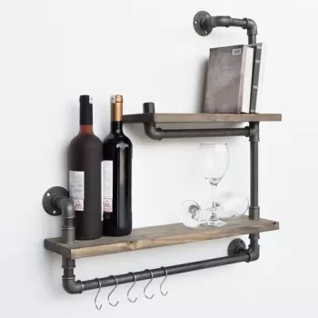 Raft depozitare bucatarie, Evila Originals, BoruRaf019, 60 x 58 x 14 cm, lemn de molid/metal, nuc/negru imagine