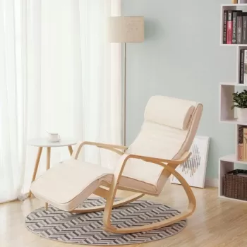 Scaun balansoar reglabil in 5 pozitii, Vasagle, 67 x 125 x 91 cm, max. 150 kg, lemn de mesteacan/bumbac, bej imagine