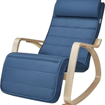 Scaun balansoar reglabil in 5 pozitii, Vasagle, 67x121.5x84 cm, max 150 kg, lemn de mesteacan/policoton, albastru/natural imagine