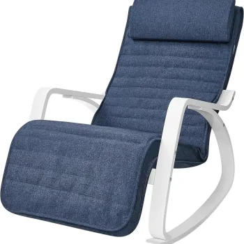 Scaun balansoar reglabil in 5 pozitii, Vasagle, 67x121.5x84 cm, max 150 kg, lemn de mesteacan/textil cu aspect de in, albastru/alb imagine