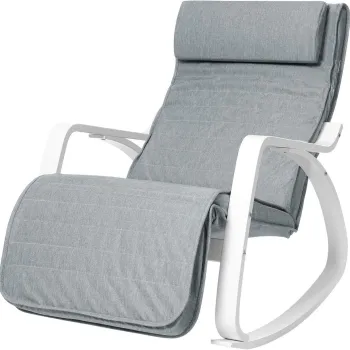 Scaun balansoar reglabil in 5 pozitii, Vasagle, 67x121.5x84 cm, max 150 kg, lemn de mesteacan/textil cu aspect de in, gri deschis/alb imagine