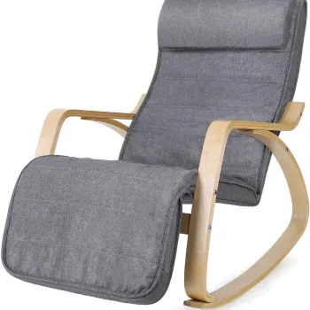 Scaun balansoar reglabil in 5 pozitii, Vasagle, 67x121.5x84 cm, max 150 kg, lemn de mesteacan/textil cu aspect de in, gri/natural imagine