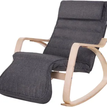 Scaun balansoar reglabil in 5 pozitii, Vasagle, 67x125x91 cm, max 150 kg, lemn de mesteacan/textil cu aspect de in, gri inchis/natural imagine