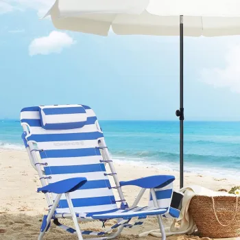 Scaun de plaja / camping, Songmics, se poate purta ca rucsac, spatar reglabil, max 150 kg, albastru/alb imagine