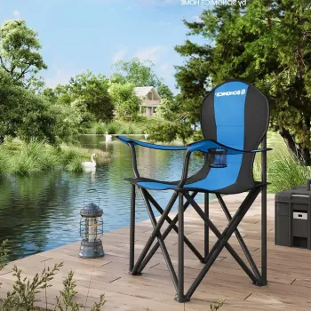 Scaun pliabil pentru camping, Songmics, max 250 kg, 90x55x102 cm, otel/tesatura Oxford/sezut din spuma, albastru imagine