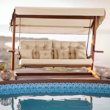 Scaun triplu balansoar de gradina, Swingo, Luna Deluxe 2600, Lemn, Bej natural imagine