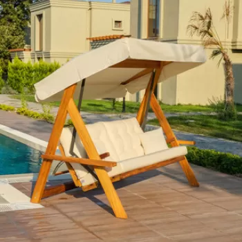 Scaun triplu balansoar de gradina, Swingo, Lyon 2400, Lemn, Bej natural imagine