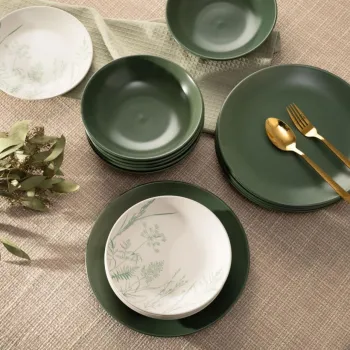 Serviciu de masa 18 piese Bari, Homla, gresie, alb/verde imagine