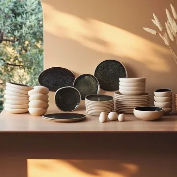 Serviciu de masa (55 piese), L'essentiel Maison, 216KRC1273, Farfurie: 20,5 x 19,5 x 3,5 cm (12 bucati), Alb/Negru imagine