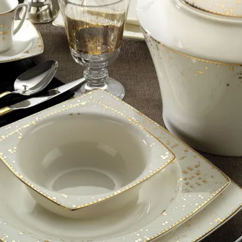Serviciu de masa, Hermia, 710KTP3112, Farfurie adanca: 23 x 23 x 4 cm (12 bucati), Aur/Alb imagine