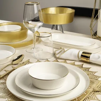 Serviciu de masa, Hermia, 719KTP9894, Farfurie: 21 cm (6 bucati), Alb/Auriu imagine