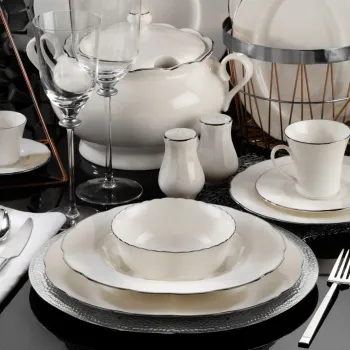 Serviciu de masa, Kutahya Porselen, 710KTP2875, 100% PORCELAN / , Bol pentru supa: 25 x 25 x 10 cm (1 bucata), Alb / Argintiu imagine