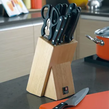 Set 10 cutite si suport Cucina, Richardson Sheffield, 12.5x18.5x36 cm, inox 13/0, negru/natur imagine