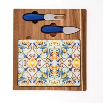 Set 2 cutite si tocator pentru branzeturi, Medicea, Brandani, 23x26 cm, lemn de salcam/sticla/inox imagine
