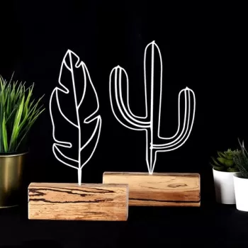 Set 2 decoratiuni, Cactus Feather Mini Set, Metal, Alb imagine