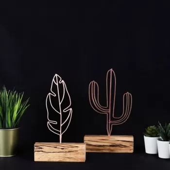 Set 2 decoratiuni, Cactus Feather Mini Set, Metal, Bronz imagine