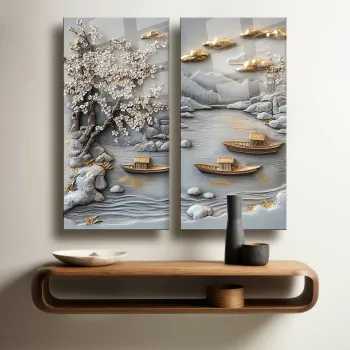 Set 2 decoratiuni de perete din sticla temperata, 2P3570Camtbl-002, Dimensiune: 35 x 70 cm (2 bucati), Multicolor imagine