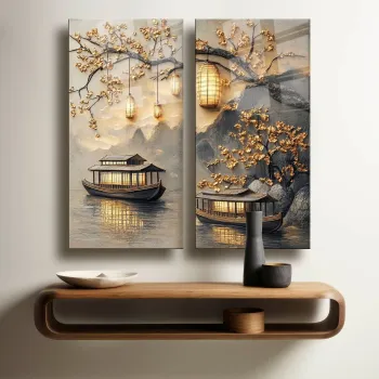 Set 2 decoratiuni de perete din sticla temperata, 2P3570Camtbl-006, Dimensiune: 35 x 70 cm (2 bucati), Multicolor imagine