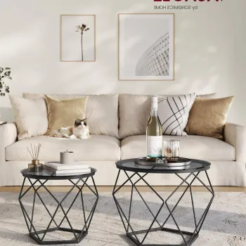 Set 2 masute de cafea Modern, Vasagle, blat detasabil, 50x40 cm, max 20 kg, otel/sticla, gri/negru imagine