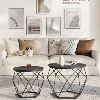 Set 2 masute de cafea Modern, Vasagle, blat detasabil, 60x45 cm, max 30 kg, otel/PAL, gri/negru imagine