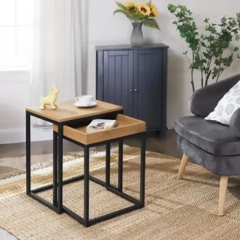 Set 2 masute de cafea Nesting, Vasagle, 40 x 45 x 55 cm, fier/PAL, natural imagine