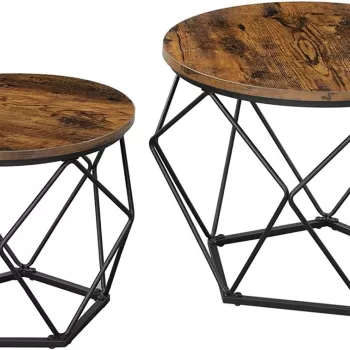 Set 2 masute de cafea Vasagle Geometric Round, O50 x 40 cm, PAL/otel, maro rustic imagine