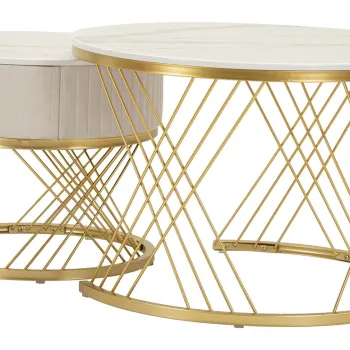 Set 2 masute de cafea Votix, Mauro Ferretti, 70x48 cm, 50x43.5 cm, lemn de pin/MDF/metal, crem/auriu imagine