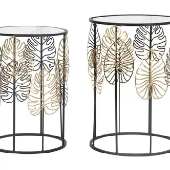 Set 2 masute Foglia, Mauro Ferretti, 38x55 cm / 33x50 cm, fier/sticla, negru/auriu imagine