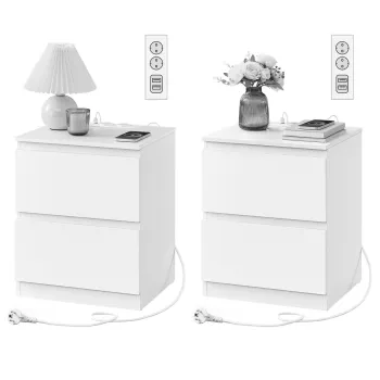Set 2 noptiere cu prize si porturi USB Kailyn, Vasagle, 40x35x49 cm, MDF/PAL, alb imagine